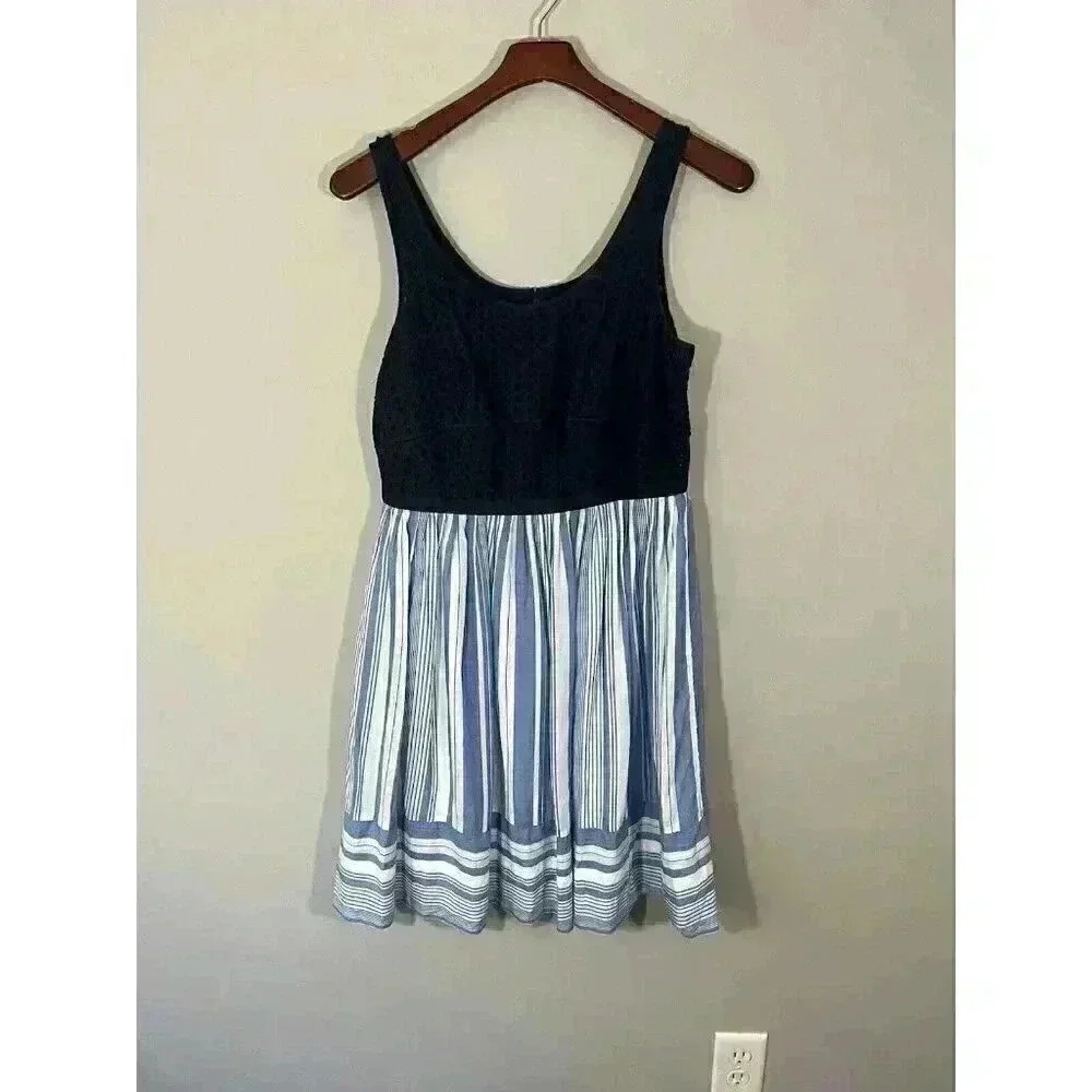 Ann Taylor Loft Sleeveless Dress Size 10 Navy Blue Eyelet With Stripes